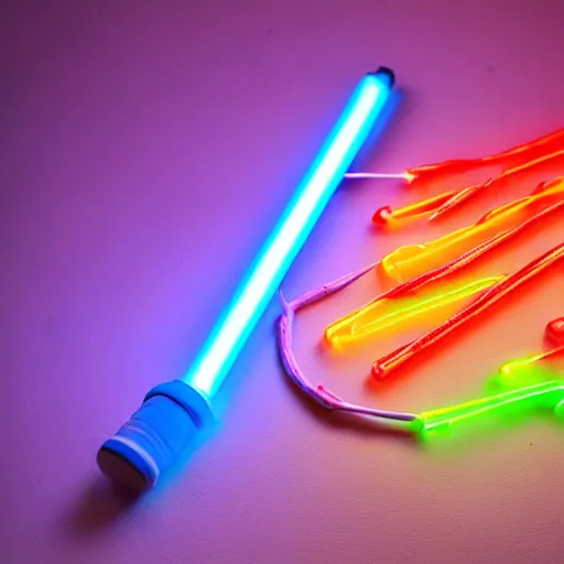 Prompt: an extremely high quality photo of a surreal neon-lightsaber-sandwich, the polymer clay neon tube ((sandwich)) creation, a hybrid mixture of sandwichlightsaberneons and lightsaber neon sign fillings, neon tubes drizzled on top, lightsaber filling, promotional photo, 4k polymer clay food photography