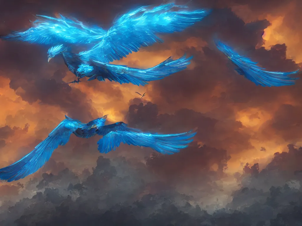 Prompt: a blue phoenix flying over McDonalds, digital painting, trending on artstation, deviantart, 8k, epic composition, intrinsic details, perfect coherence