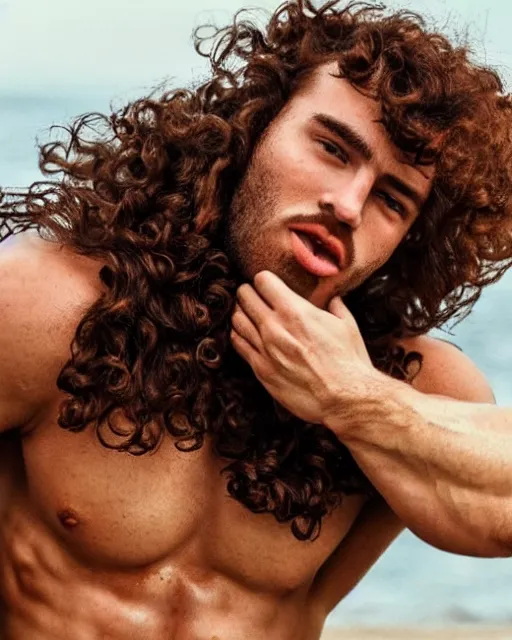 Prompt: a curly brown hair man kissing on the lips a muscular red hair man on the beach