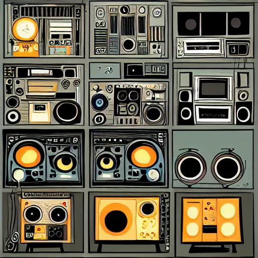 Image similar to detailed illustration of a music studio, radios, music vinyls, speakers. in the style of darwyn cooke. intricate details, beautiful.