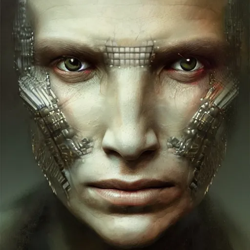 Image similar to centered front face portrait art illustration of an ultradetailed evil metaverse cyborg made of neuronal networks, by greg rutkowski and Zdzisław Beksiński, photorealistic, 8k, intricate, futuristic, dramatic light, trending on cg society