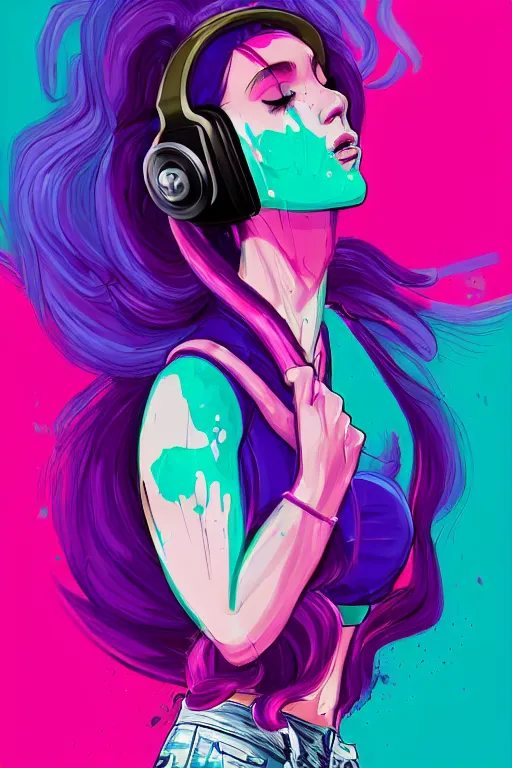 Image similar to a award winning half body portrait of a beautiful woman in a croptop and cargo pants with ombre purple pink teal hairstyle with head in motion and hair flying listenin to music on headphones by wlop, paint splatter, outrun, vaporware, shaded flat illustration, digital art, trending on artstation, highly detailed, fine detail, intricate