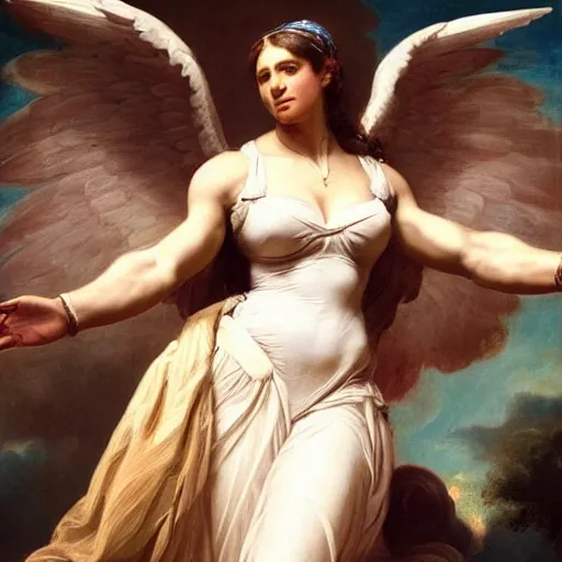 Image similar to Portrait of Serena Williams with wings as Nike Goddess standing proud, large wings, luxuriant, dreamy, eternity, romantic, strong pose, highly detailed, in the style of Franz Xaver Winterhalter, highly detailed, in the style of Aetherpunk