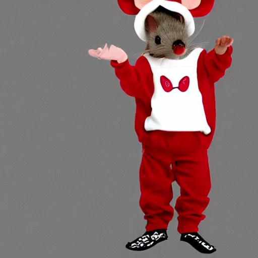 Image similar to a small mouse dressed as a rapper that goes by mc mouse