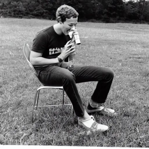 Image similar to photograph of mark zuckerberg smoking a bong at woodstock, hazy, bloodshot eyes, laughing, circa 1 9 6 9