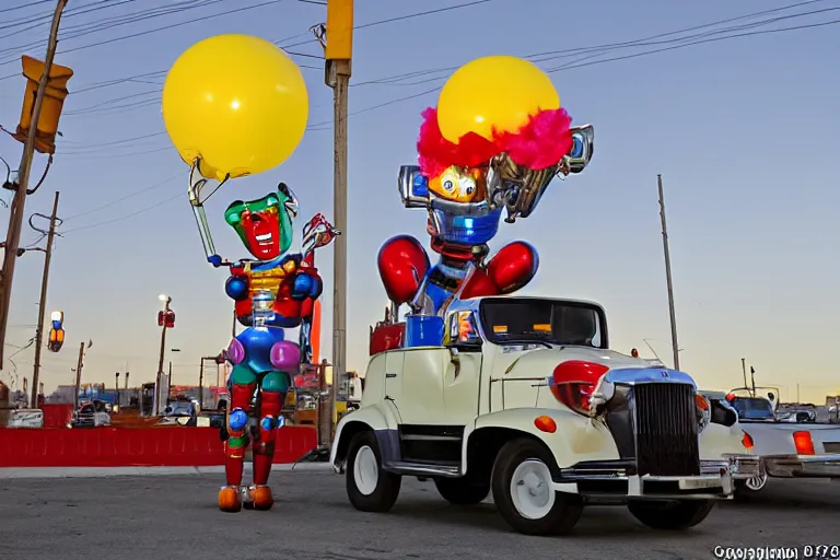 Prompt: robot clown relaxing at a california drive in, in 2 0 1 2, cutecore clowncore, bathed in the the glow of the sunset, low - light photograph, in style of tyler mitchell