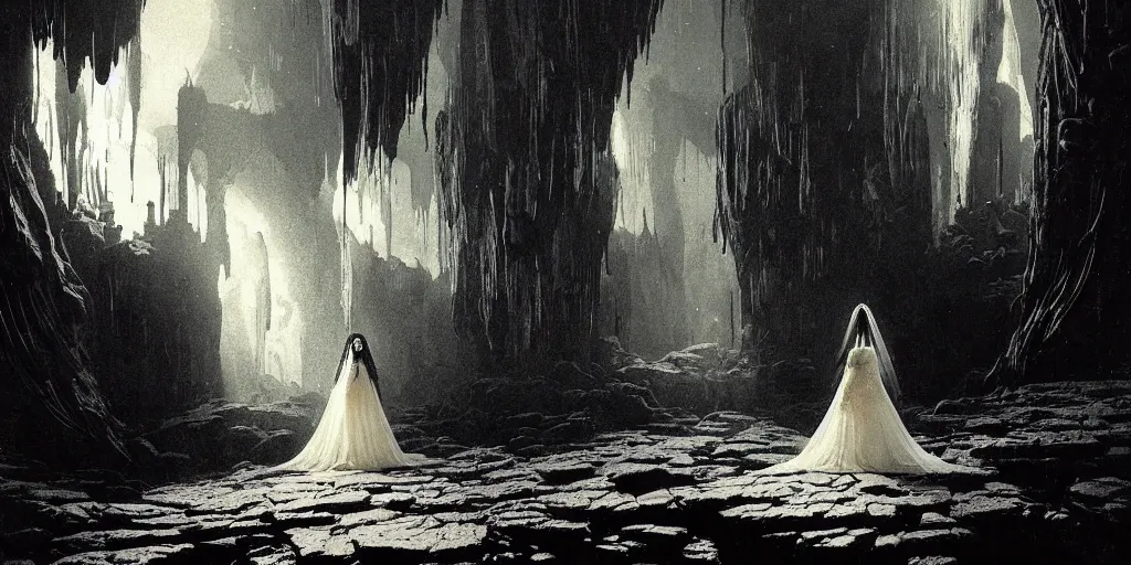 Prompt: a dead girl dressed as a bride lying in a dark cave bridal crown. radiant light, detailed and intricate environment, digital art, trending on art station kvlt by peder balke by peder balke by greg rutkowski, by guido crepax by norman bluhm by greg rutkowski mystic high contrast monochromatic noir