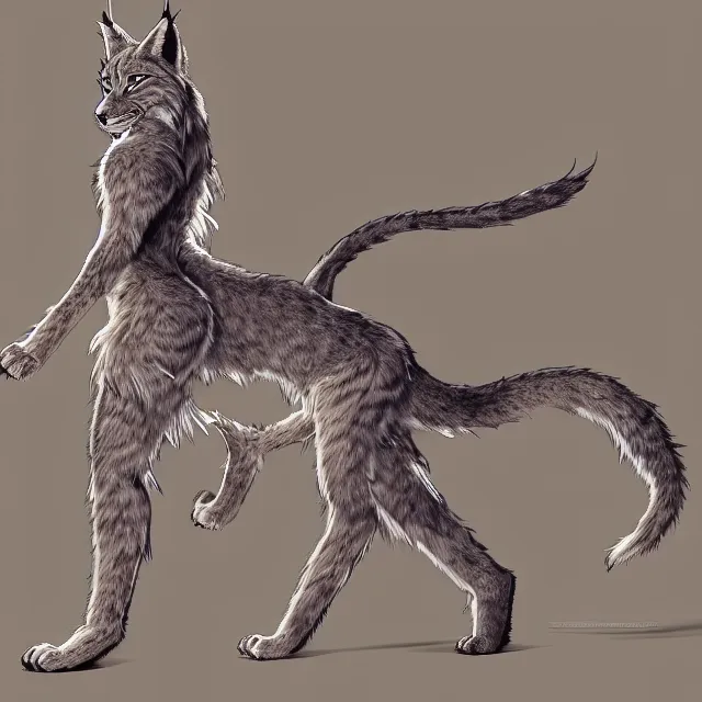Image similar to the full body of anthropomorphic lynx fursona from behind wearing a steampunk suit as unimaginably beautiful, gorgeous, elegant, young woman with lynx head, an ultrafine hyperdetailed illustration by furaffinity, intricate linework, white fur, unreal engine 5 highly rendered, global illumination, radiant light, detailed and intricate environment, no feral