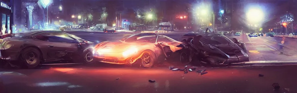 Prompt: a highspeed traffic collision in a street at night. epic cinematic hyperrealism masterpiece. realistic poster with shaded lighting by craig mallismo, artgerm, jeremy lipkin and michael garmash, unreal engine, radiant light, detailed and complex environment, digital art, art station trends, detailed, lens flare, motion blur