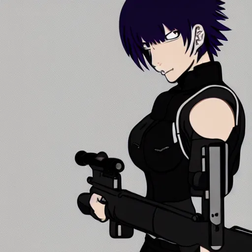 Image similar to Anime Major motoko kusanagi in all black uniform wielding a rifle, digital art