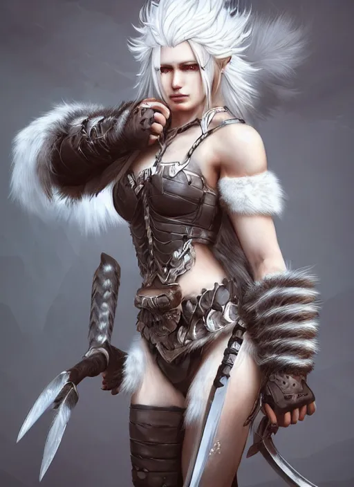 Image similar to barbarian, fur leather armor!!! beautiful and elegant white hair female!! gorgeous ayes!! character concept art, sharp focus, octane render! unreal engine 5! highly rendered!! trending on artstation!! detailed linework!! illustration by artgerm, wlop, and chie yoshii
