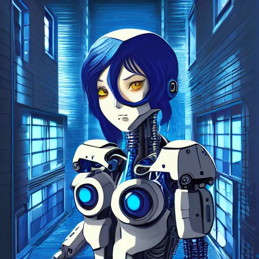 Prompt: cyborg - girl breaking into pieces as it walks down a street, highly detailed, painting, dark blue and black color palette, intricate, high quality anime artstyle,