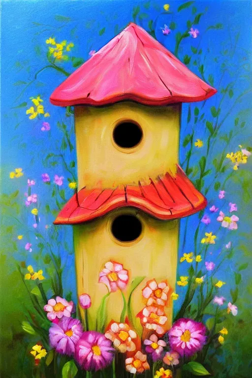 Prompt: a whimsical painting of a whimsical birdhouse with flowers, painted by Lilia Alvarado, trending on artstation,