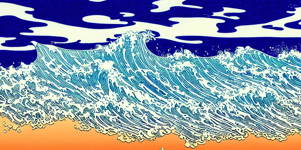 Prompt: clouds and waves, An aesthetically pleasing, dynamic, energetic, lively, complex, intricate, detailed, well-designed digital art of a beach, ripples, waves, sea foam, light and shadow, overlaid with aizome patterns, Shin-hanga by Bob Ross, traditional Japanese colors, superior quality, masterpiece, featured, trending, award winning, HDR, HD, UHD, 4K, 8K, anamorphic widescreen, cinematic, sharp focus