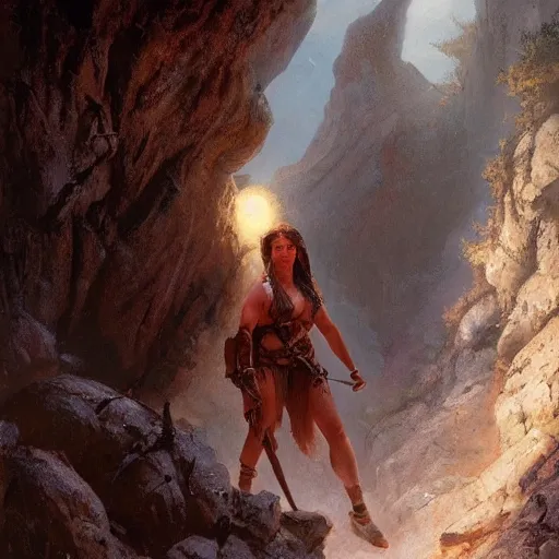 Image similar to a beautiful painting of a lone female barbarian emerging from a cave entrance with one arm raised, cinematic lighting by gerald brom and greg rutkowski,