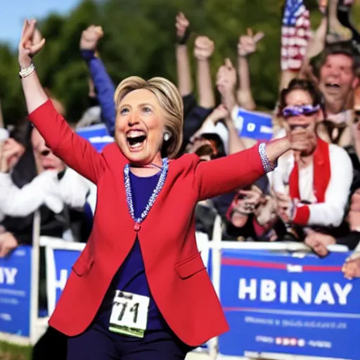 Image similar to hillary clinton running marathon screaming shouting hands in the air