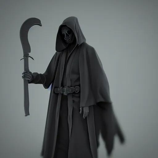 Image similar to nanopunk grim reaper, character design, high quality digital art, render, octane, redshift, volumetric lighting, 3 d render