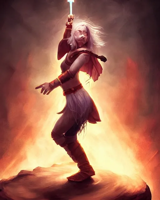 Prompt: full body portrait of a female halfling hobbit monk fistfighter, seeing a holy vision of her goddess, flowing robes and leather armor, sharp focus dynamic light painting by charlie bowater