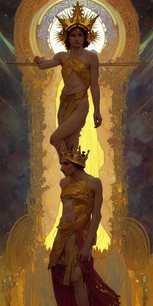 Image similar to a god wearing golden clothes and golden crown, amazing, tarot art, painting by greg rutkowski and alphonse mucha