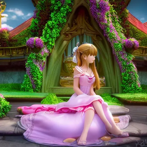 Image similar to a pleasant, beautiful, funny, smooth 3D CG render, semirealistic anime style, a noble priestess magician princess girl wearing dress and jewelry, in a glorious magic kingdom, relaxing calm vibes, fairytale