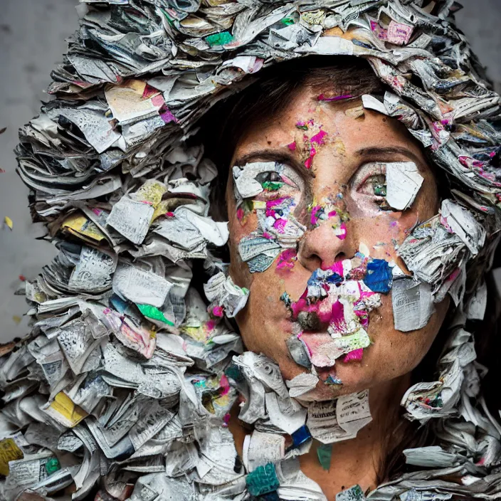 Image similar to closeup portrait of a woman with a hood made of newspaper and confetti, standing in a haunted abandoned house, by Annie Leibovitz and Steve McCurry, natural light, detailed face, CANON Eos C300, ƒ1.8, 35mm, 8K, medium-format print