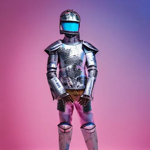 Prompt: a portrait of a beautiful young male wearing an alexander mcqueen armor made of pink and blue ombre metal , photographed by andrew thomas huang, artistic