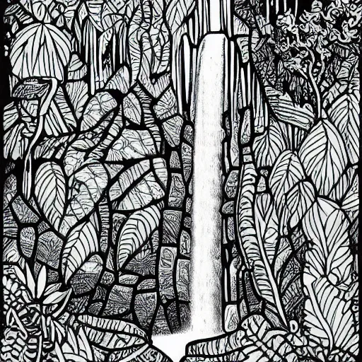 Image similar to an adult coloring page of a waterfall in the enchanted forest