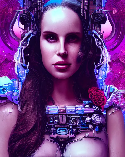 Image similar to portrait of lana del rey as a cyberpunk cyborg. roses sci - fi intricate abstract upper body intricate artwork, roses, rose petals, by tooth wu, wlop, beeple, dan mumford. concept art, octane render, deviantart, greg rutkowski, cinematic arthouse, key art, hyper realism, iridescent accents