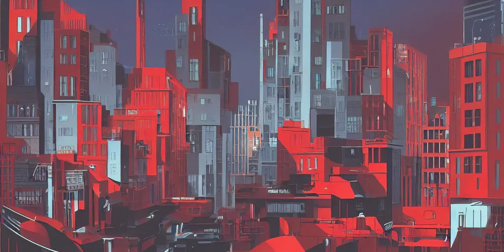Prompt: sci - fi city street with glass pod buildings, modernism, gouache, black and red tones, animated film, stylised, illustration, by eyvind earle, scott wills, genndy tartakovski
