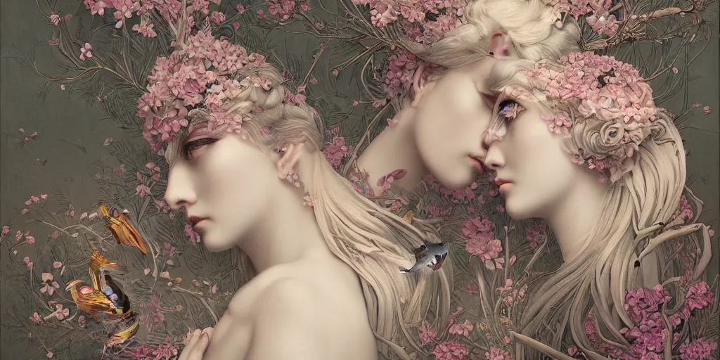 Image similar to breathtaking detailed concept art painting art deco pattern of blonde faces goddesses amalmation flowers with anxious piercing eyes and blend of flowers and birds, by hsiao - ron cheng and john james audubon, bizarre compositions, exquisite detail, extremely moody lighting, 8 k