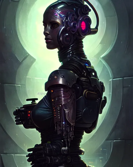 Image similar to a cybernetic bounty hunter, grungy sci - fi bar, fantasy character portrait, ultra realistic, intricate, elegant, highly detailed, digital painting, artstaion, smooth, sharp, focus, illustration, art by artgerm and greg rutkowski and alphonse mucha