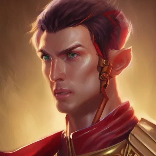 Prompt: male artificer, half-elf, D&D, fantasy, portrait, highly detailed, digital painting, artstation, concept art, sharp focus, illustration, art by artgerm and greg rutkowski and magali villeneuve, red white and gold color scheme