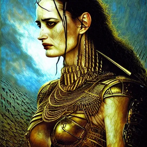 Image similar to eva green as warrior queen, atmospheric lighting, painted, intricate, golden and blue hour, ultra detailed by peter gric, giger, enki bilal