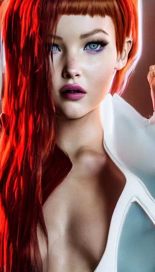 Image similar to a young woman who is a mix of dove cameron and madison beer and milla jovovich and jennifer lawrence stars as leeloo in the 2 0 2 4 remake of the 5 th element, white strap outfit, cinematic still, promotional photo, 8 k hdr, dramatic pose