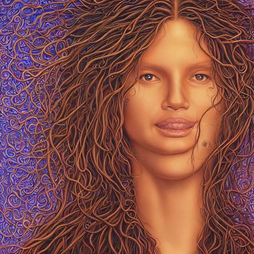 Image similar to perfectly centered portrait front view of a beautiful mushroom goddess, flowing hair, intense stare, sweet smile, symmetrical, volumetric shadows and lighting, realistic oil painting by alex grey,