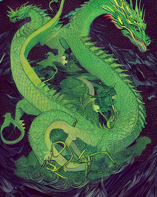 Prompt: a giant green dragon, digital art, illustrated by james gurney and victo ngai