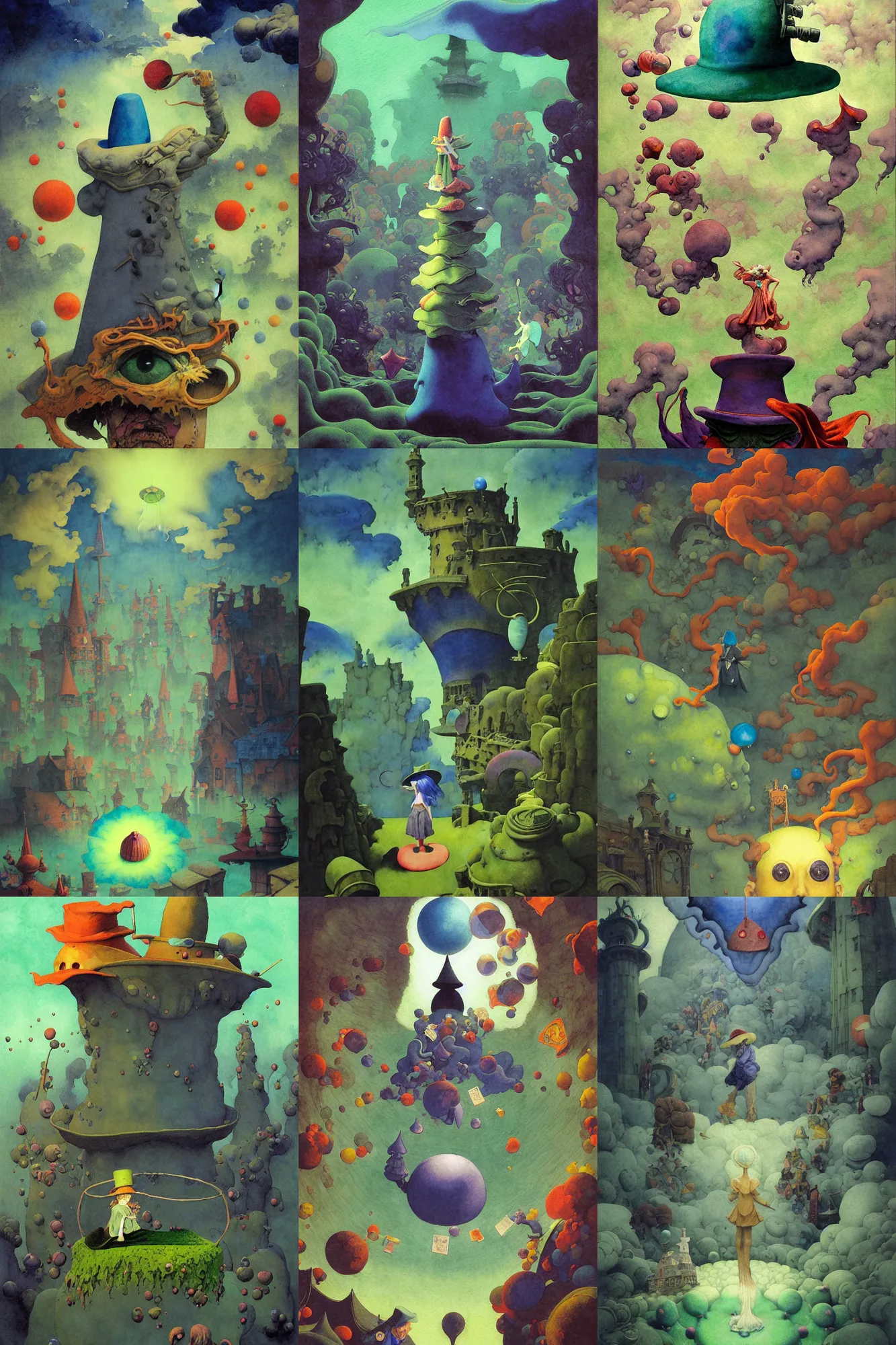 Prompt: dixit card, strange place, giant hat, potions, slime, eyeballs, focal point, character transforming, dark fantasy, intricate, orthographic, amazing composition, colorful watercolor, by ruan jia, by maxfield parrish, by shaun tan, by nc wyeth, by michael whelan, by escher, illustration, gravity rush, volumetric, blue, green