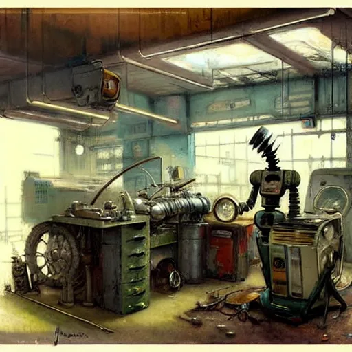 Image similar to ( ( ( ( ( 1 9 5 0 s retro boy inventors science fiction cluttered robot mechanics shop interior scene. muted colors. ) ) ) ) ) by jean - baptiste monge!!!!!!!!!!!!!!!!!!!!!!!!!!!!!!