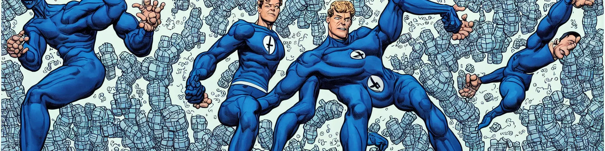 Prompt: mr. fantastic from the fantastic four showing off his weird limbs illustrated by james jean with very long hands and arms and fingers and legs and feet twirling and twisting around in a very high tech lab in space