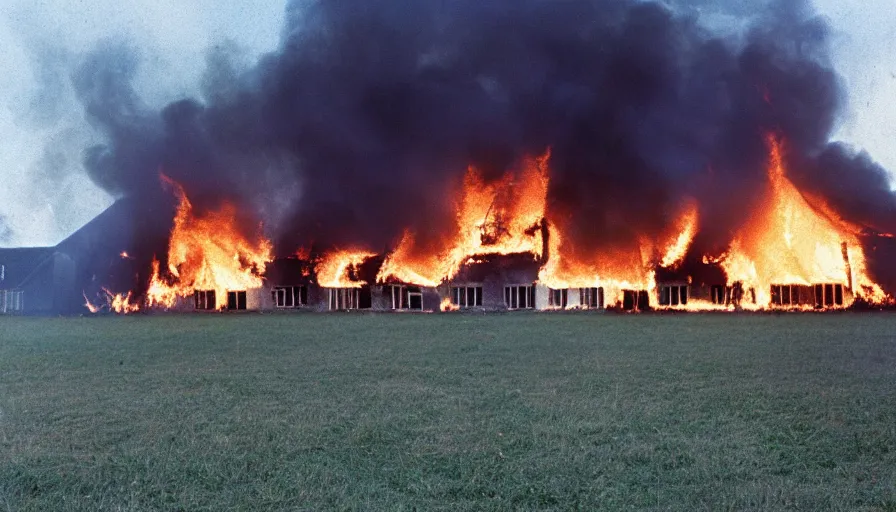 Image similar to 1 9 7 0 s movie still of a burning french style townhouse in a field, cinestill 8 0 0 t 3 5 mm, high quality, heavy grain, high detail, texture, dramatic light, ultra wide lens, panoramic anamorphic, hyperrealistic