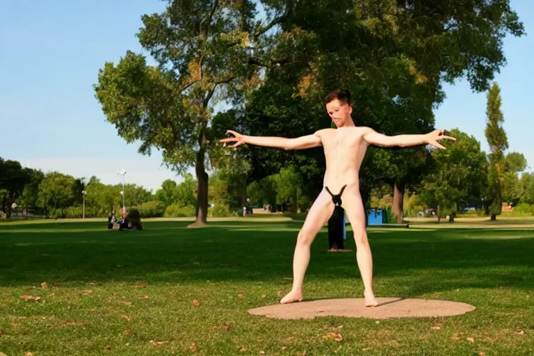 Image similar to a real-life Vitruvian Man doing cartwheels at the park, 8k resolution, ultrarealistic