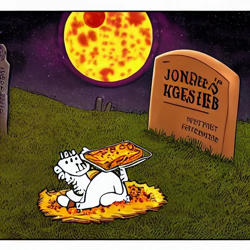 Prompt: Garfield eating lasagna in a cemetery, gravestone says Jon Arbuckle, full moon in background, starry sky with clouds, horror, spooky, photorealistic, 8k resolution,