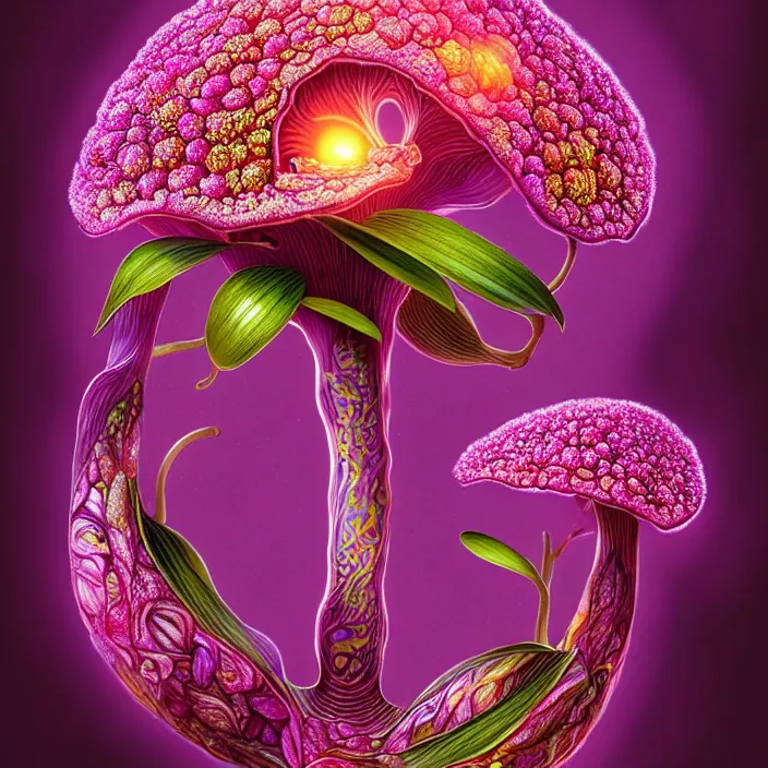 Image similar to extremely psychedelic organic embryo made of orchid and cherry blossom tree and mushroom, LSD embryo, diffuse lighting, fantasy, intricate, elegant, highly detailed, lifelike, photorealistic, digital painting, artstation, illustration, concept art, smooth, sharp focus, art by John Collier and Albert Aublet and Krenz Cushart and Artem Demura and Alphonse Mucha