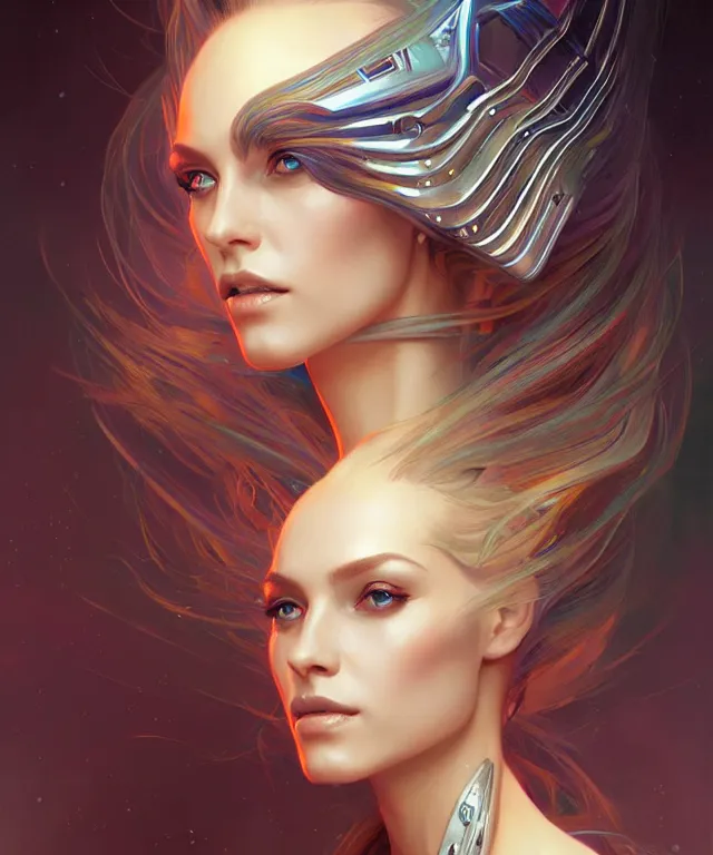 Image similar to futuristic dress woman portrait, sci-fi, amber eyes, face, long hair, fantasy, intricate, elegant, highly detailed, digital painting, artstation, concept art, smooth, sharp focus, illustration, art by artgerm and greg rutkowski and alphonse mucha