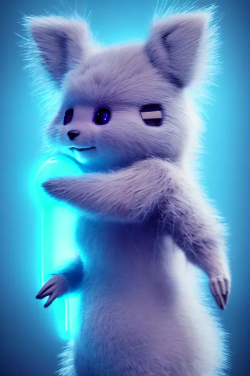 Image similar to high quality 3 d render cyberpunk very cute pastel fluffy! quokka cyborg, wires, highly detailed, vray smooth, in the style of detective pikachu, hannah yata charlie immer, dramatic neon blue light, low angle, uhd 8 k, sharp focus