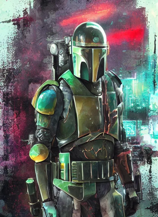 Image similar to cyberpunk x boba fett, digital art, character mashup, epic volumetric lighting, combination art