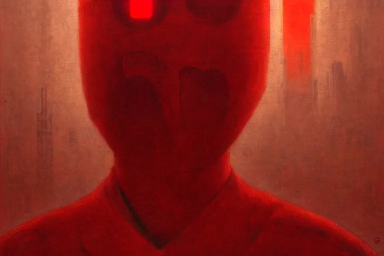 Image similar to only with red, a red cyborg samurai, tokio futuristic in background, some evil yokai, in the style of beksinski, parts by edward hopper, parts by rodcenko, parts by yue minjun, intricate and epic composition, red by caravaggio, insanely quality, highly detailed, masterpiece, red light, artstation, 4 k