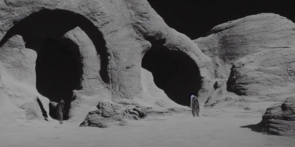 Image similar to Paul Rudd in the movie Dune, black and white matte painting, comic book, walking through a large arch gateway in the desert