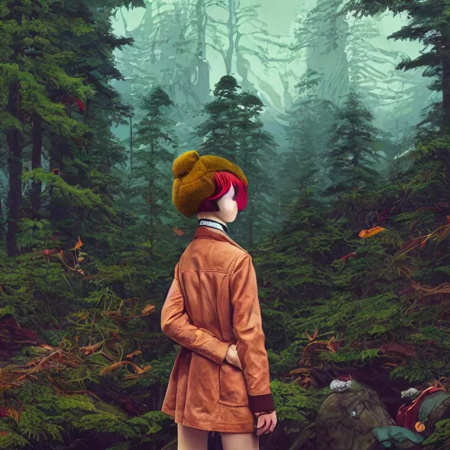 Image similar to portrait of alone androgynous girl wearing bakelite leather jacket, bakelite rocky mountains, moss green japanese haunted forest background, ultrafine hyperdetailed illustration by hsiao - ron cheng and artgerm, modular synthesizer 8 0 s sony stereo helmet backpack, the grand budapest hotel, glow, no crop, digital art, artstation, pop art