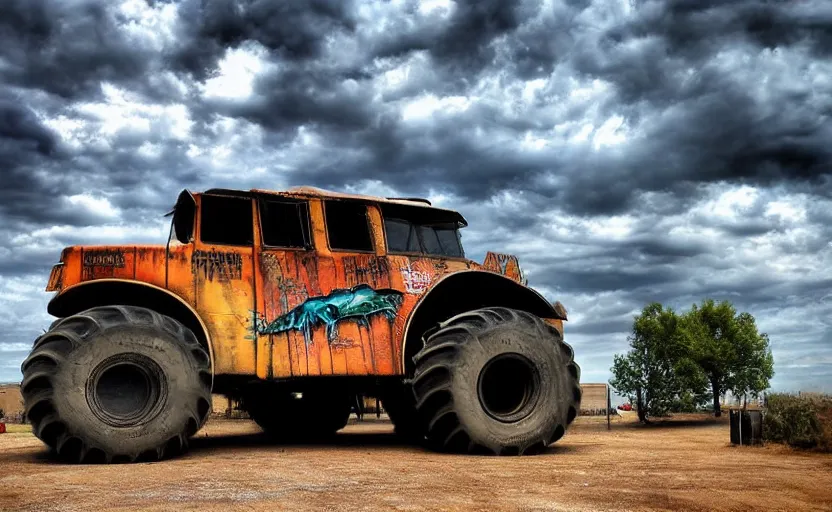 Prompt: monster truck schoolbus tank, dystopian, imax, intense sky